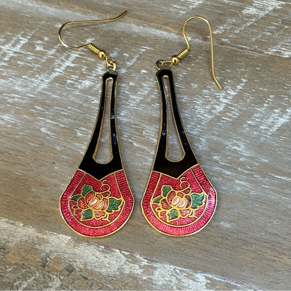 Vintage Cloisonné Earrings Elongated Teardrop